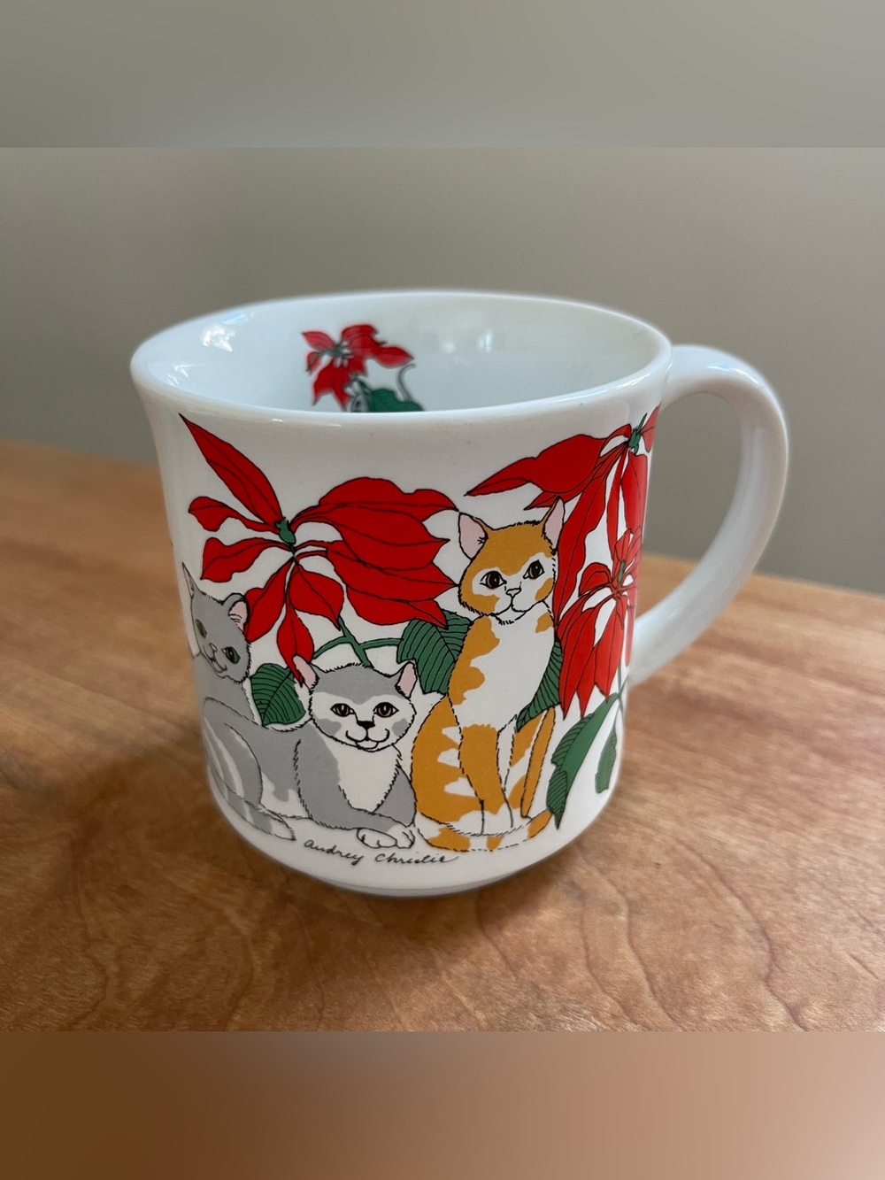 Vintage Recycled Paper Products Audrey Christie Christmas Cats Poinsettia Mug